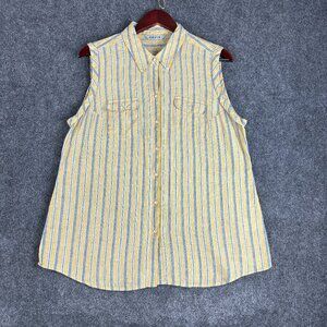 Orvis Top Womens Large Shirt Yellow Blue Linen Striped Button Up Pockets